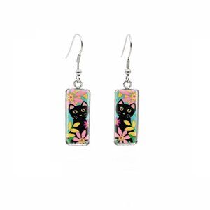 Cat and Flower Drop Earrings Rectangular NWT